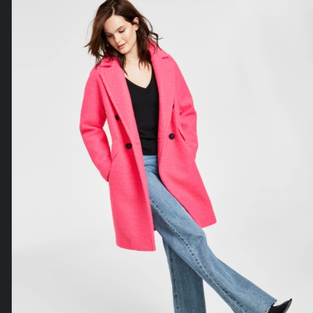 $350 BCBG Double Breasted Pea Coat Bubble Gum 3/4 Legnth NWT Sz.2X Teddy Texture
